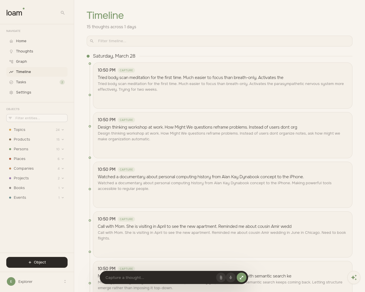 Loam Timeline view showing thoughts grouped by date in chronological order
