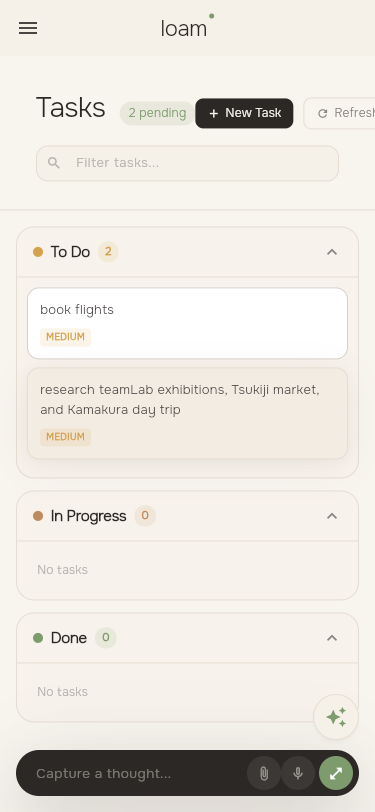 Loam tasks view on mobile showing stacked Kanban columns