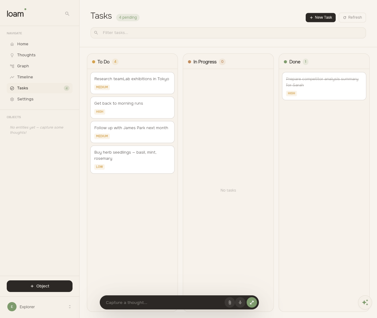 Loam Tasks view showing a Kanban board with To Do, In Progress, and Done columns