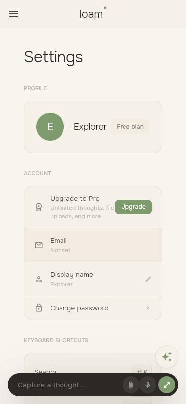 Loam settings page on mobile