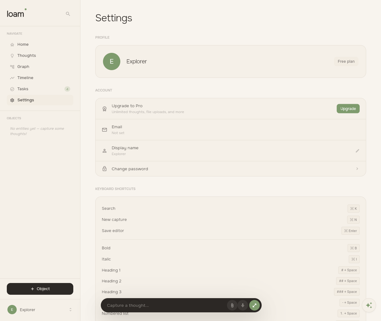 Loam Settings page showing profile, account, and preferences