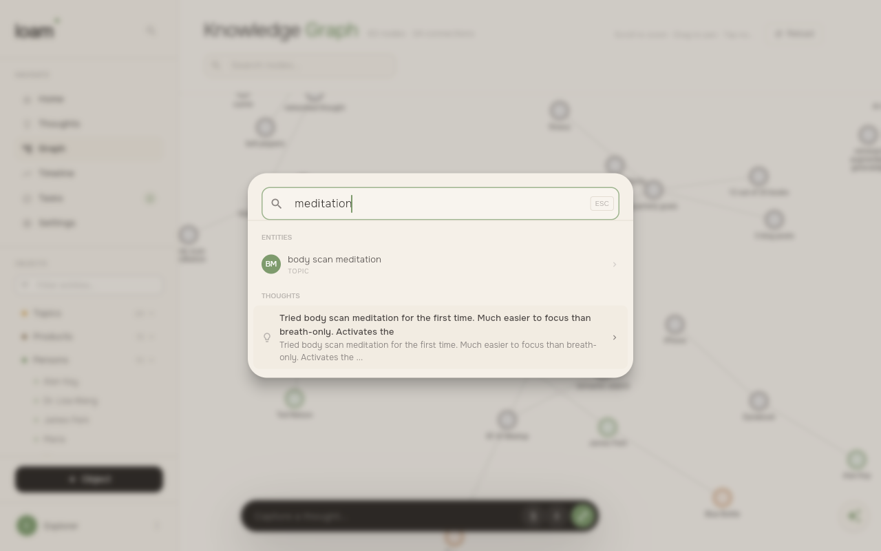 Loam global search overlay showing a 'meditation' query with categorized results for entities and thoughts