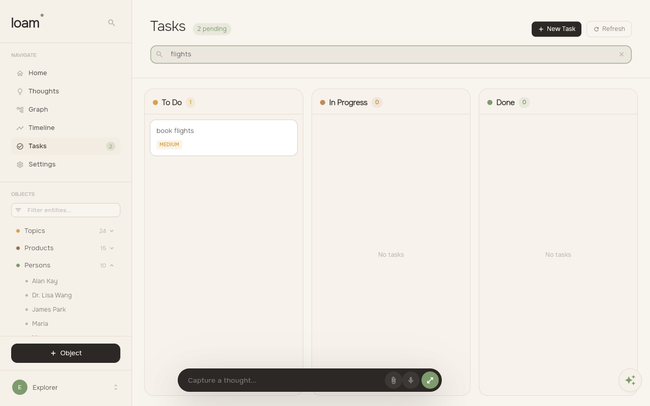 Loam Tasks view filtered by 'flights' showing matching task cards