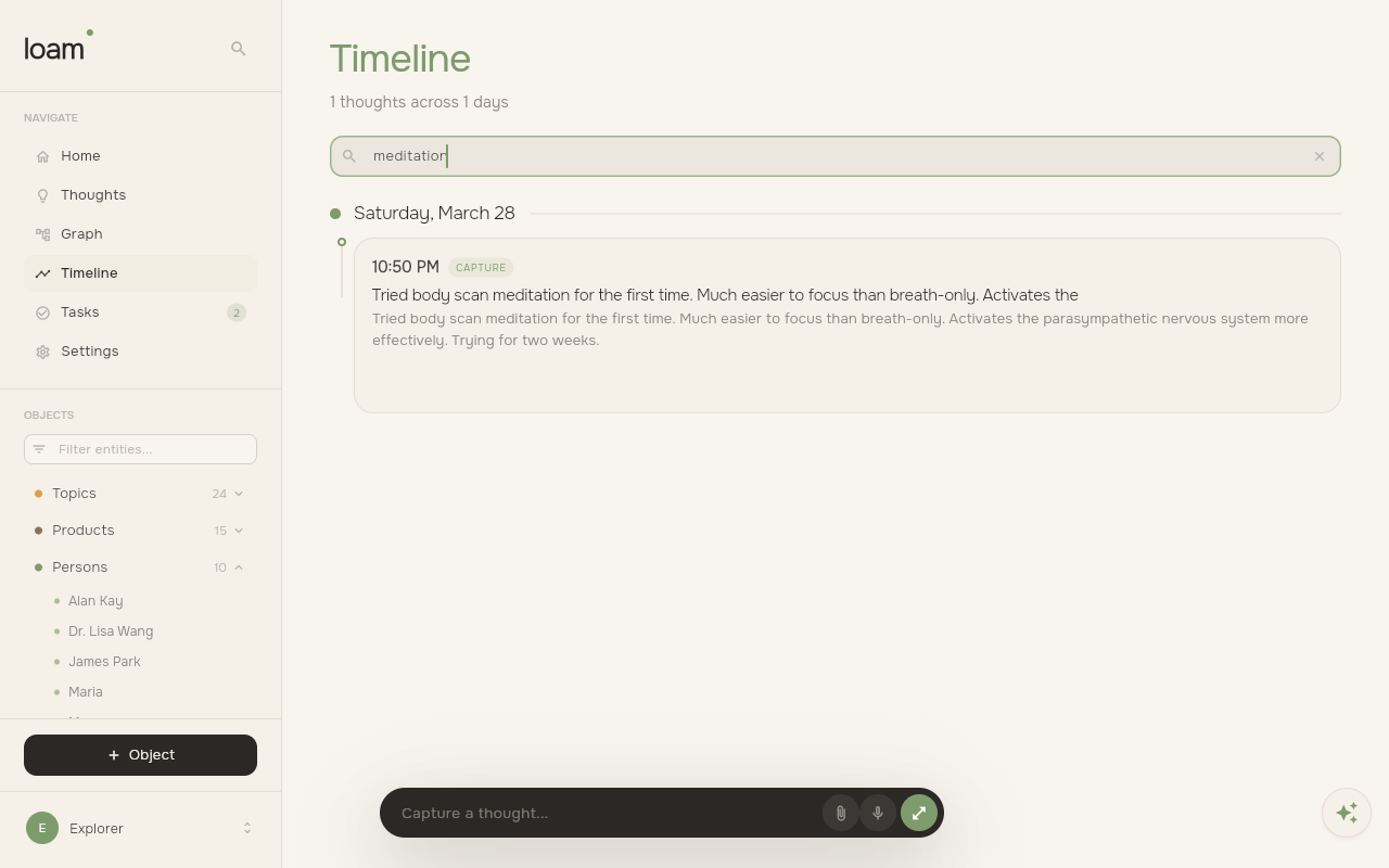 Loam Timeline filtered by 'meditation' showing only matching entries