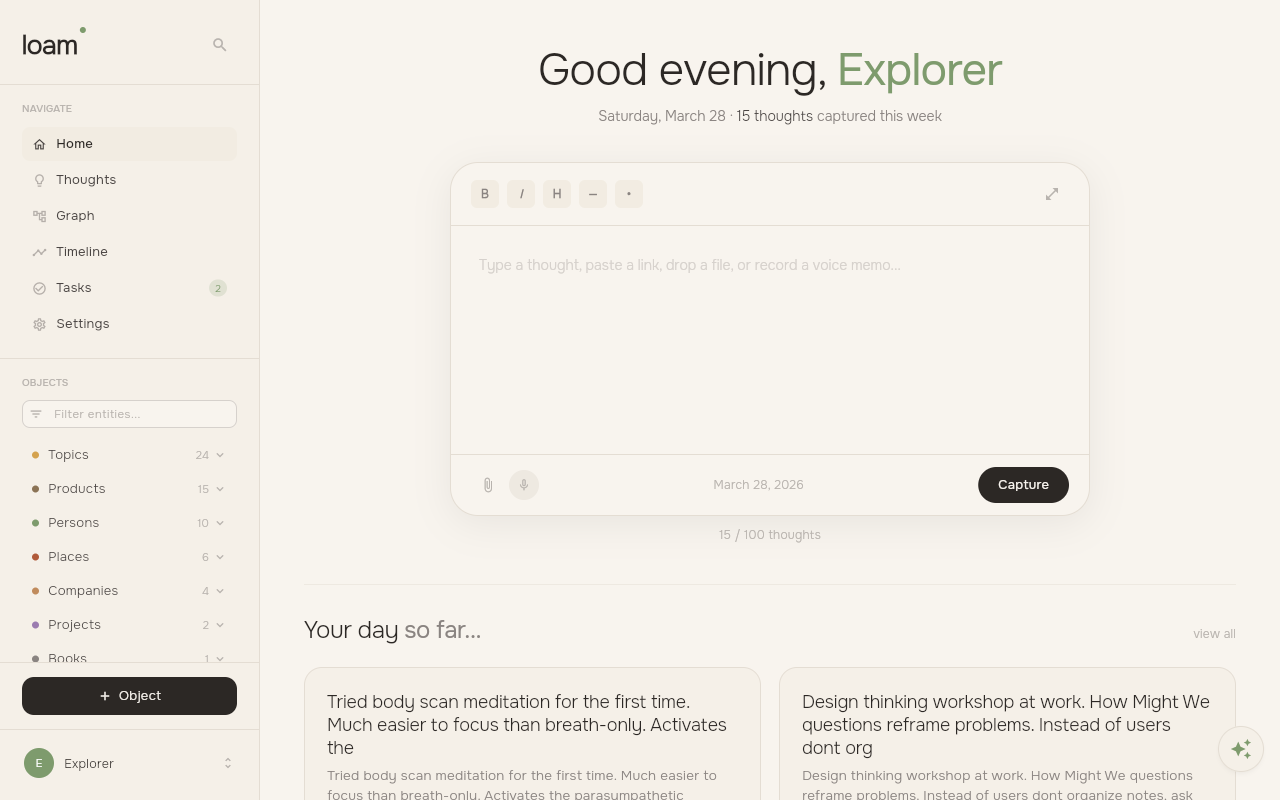 Loam sidebar showing entity types (People, Places, Topics, Books, Companies, Projects, Events, Products) with counts