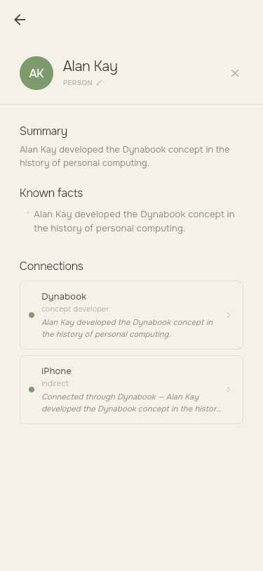 Loam entity detail panel on mobile showing name, AI summary, and connections