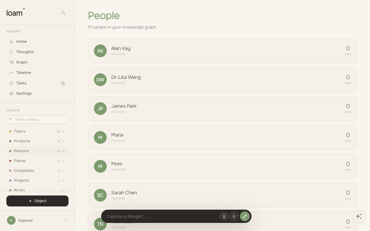Loam People entity list showing names extracted from captured thoughts