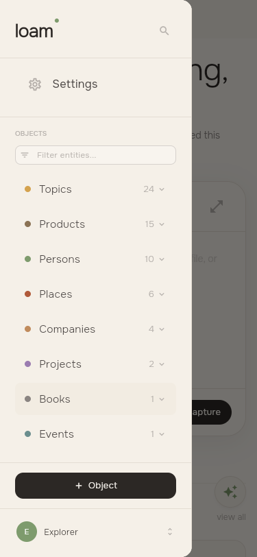 Loam mobile navigation menu shown as an overlay sidebar
