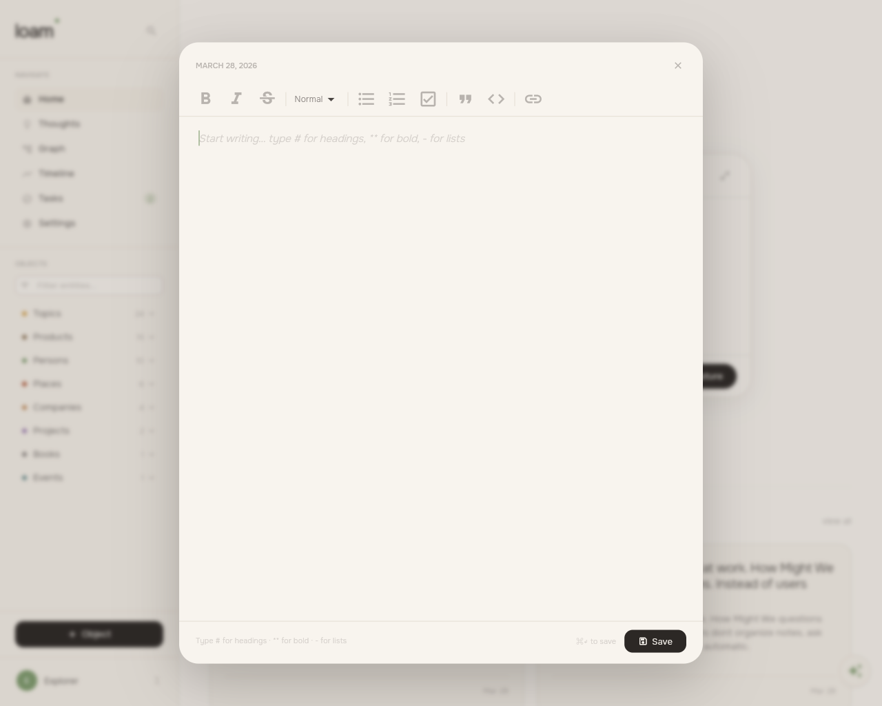 Loam expanded editor showing full formatting toolbar and writing area