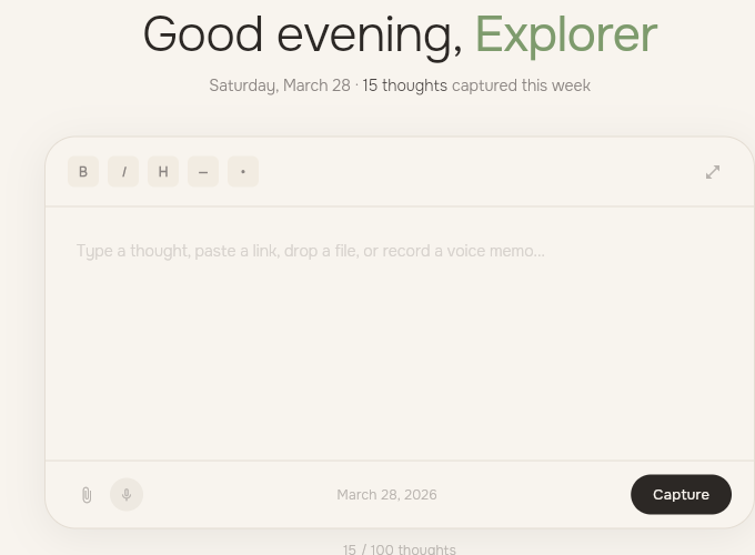 The Loam capture box with formatting toolbar, text area, and capture button