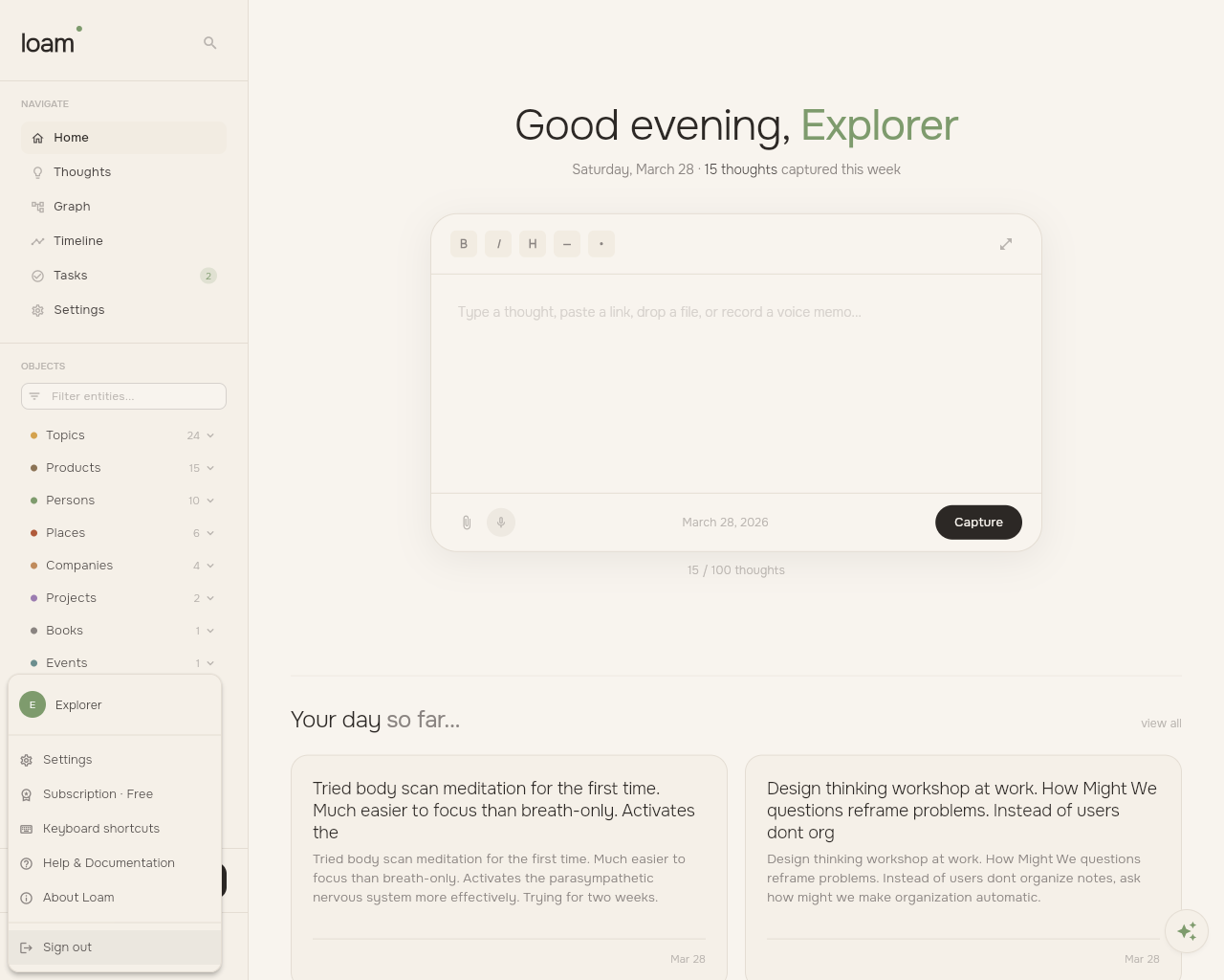 Loam user menu showing Settings, Subscription, Keyboard Shortcuts, About, and Sign Out